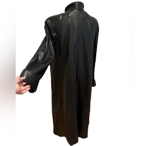 90s BLACK LAMBSKIN LEATHER MAXI TRENCH COAT HIGH COLLAR MINIMALIST MATRIX TIBOA - Picture 4 of 15